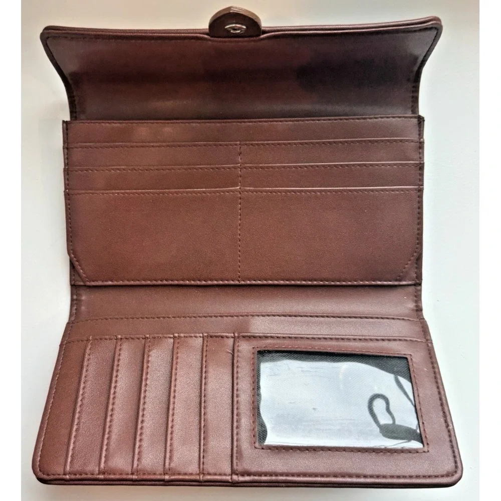 Espirit Wallet Green/White Plaid Brown Vegan‎ Leather 11 Card Slots Organizer